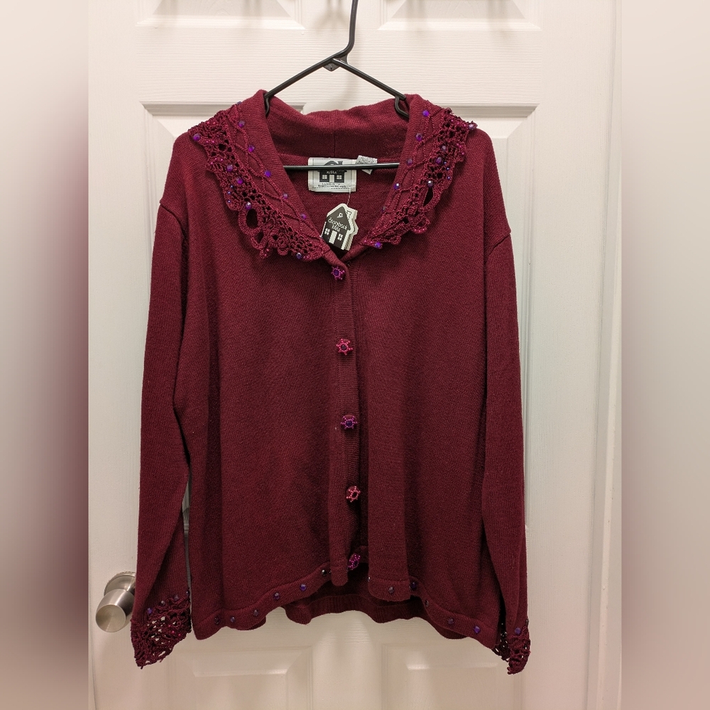 Vintage 1990s Storybook Knits Elegant Burgundy Sweater with Lace Collar NWT